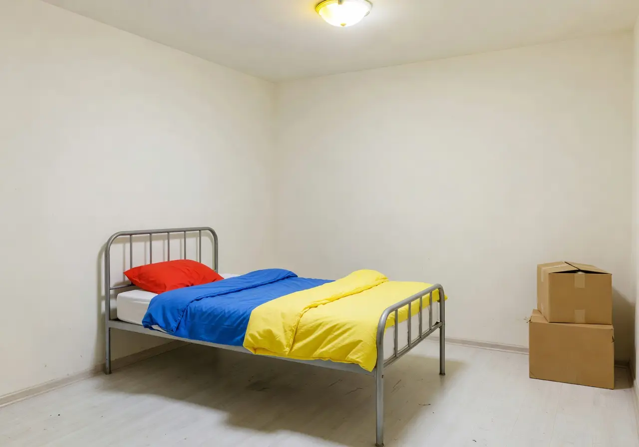 Plain bedroom with mismatched bedding before AI room redesign